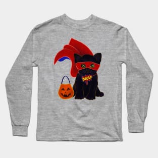 Halloween Kitten Dressed As A Superhero Costume Long Sleeve T-Shirt